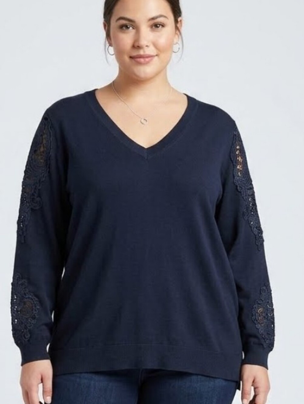 Lane Bryant Women's Black V Neck Sweater with Lace-Elbow Detail Sz 22/24